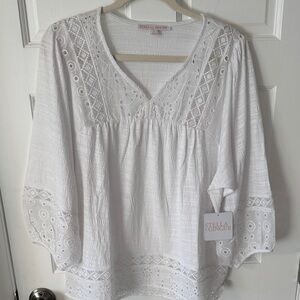 Stella + Ginger V-Neck Boho Lace Trim Peasant Top  3/4 sleeve White NEW